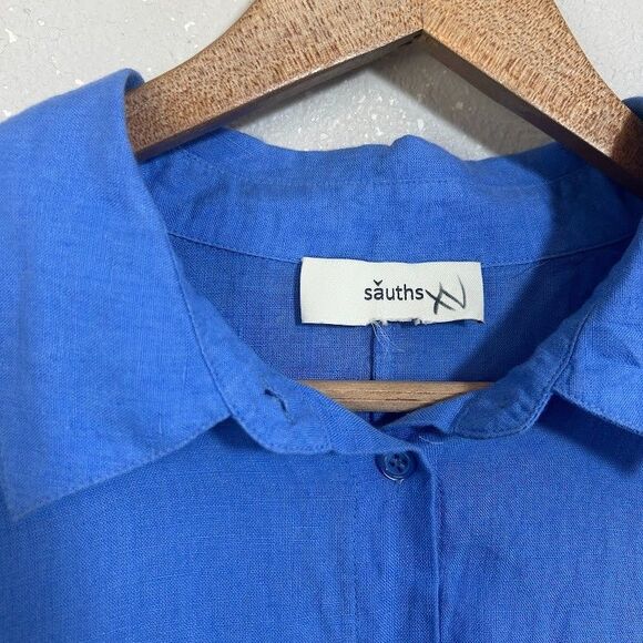 Sauths Cathy Linen Blouse XL XXL Blue Button Up Boxy Lagenlook Collar - Picture 5 of 7